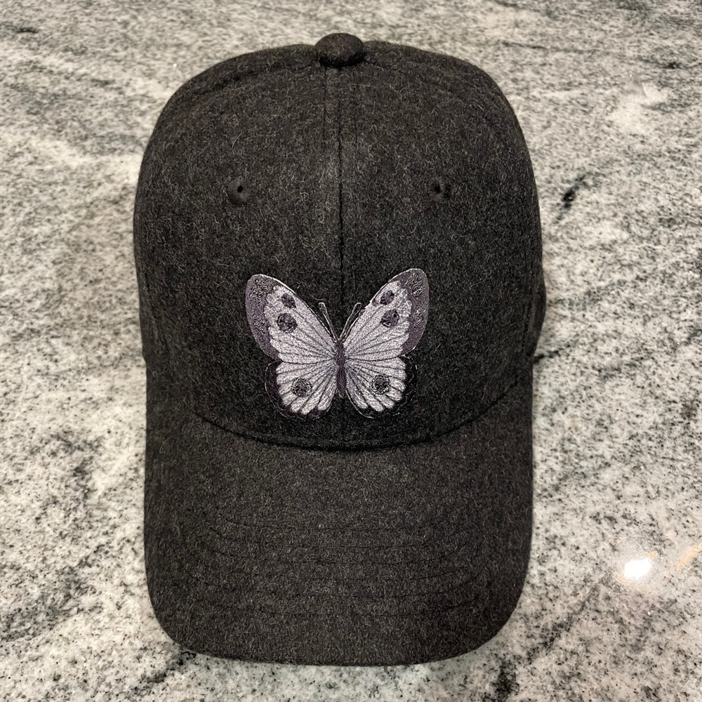 New Custom Designed Gray Wool Tweed Baseball Cap with Purple & Gray Butterfly.
